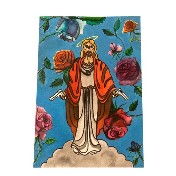 Handmade Other - Jesus With Guns & Roses Tattoo Art Painting